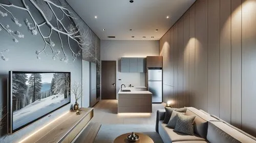 This photo features the living room and small kitchen of a hotel suite located in Puli, Taiwan. 
The design integrates elements of winter, Switzerland, and the tranquil atmosphere of the mountains, 
e