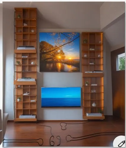 It is a bookcase with a television in the middle and a painting above the television.,interior decoration,modern decor,canvasses,credenza,tv cabinet,art painting,search interior solutions,interior des