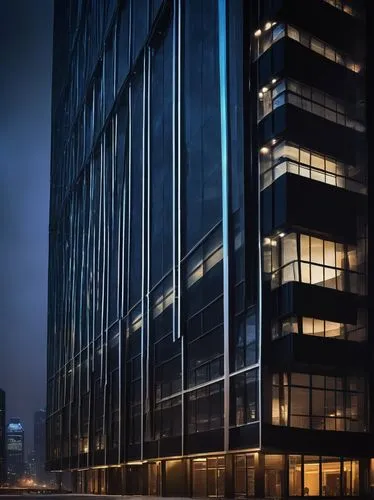 Modern adn architecture, futuristic skyscraper, sleek glass façade, silver steel beams, angular geometric shapes, neon lights embedded in walls, towering high-rise building, urban cityscape, nighttime