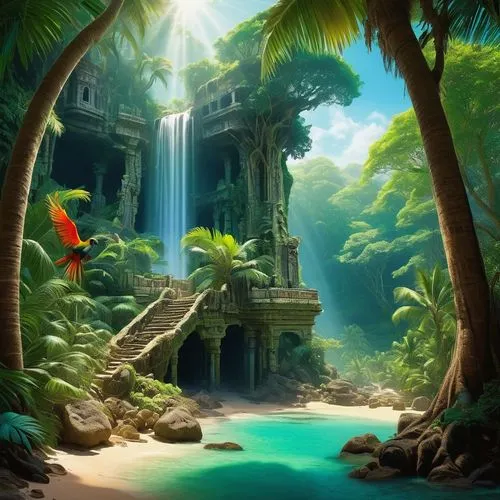 underwater oasis,tropical jungle,tropical island,cartoon video game background,fantasy landscape,tropical house,rainforest,fantasy picture,wasserfall,tropics,green waterfall,full hd wallpaper,jungle,tropical sea,rain forest,oasis,waterfall,landscape background,garden of eden,tropical greens,Art,Artistic Painting,Artistic Painting 38