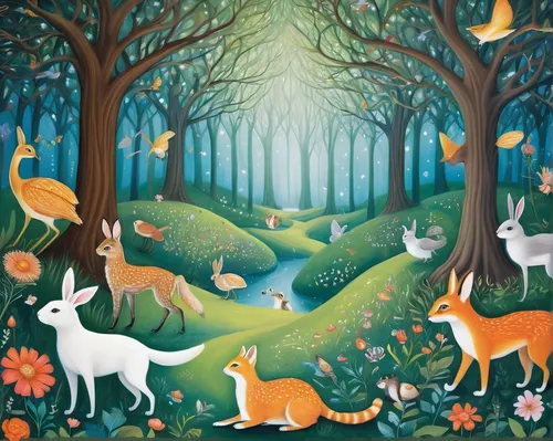 woodland animals,forest animals,hare trail,rabbits and hares,animal lane,fairy forest,fox and hare,forest glade,hare field,enchanted forest,garden-fox tail,hares,deer illustration,forest of dreams,whimsical animals,forest background,animals hunting,hunting scene,forest landscape,children's background,Illustration,Abstract Fantasy,Abstract Fantasy 03