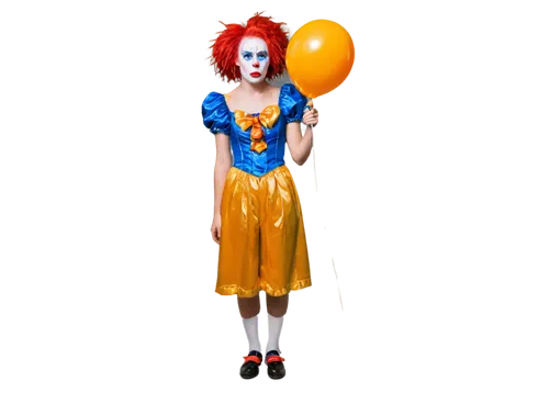 Angry clown, solo, red nose, white face paint, exaggerated eyebrows, red lips, messy orange hair, colorful costume, oversized shoes, holding a broken balloon, standing, intense expression, dramatic li