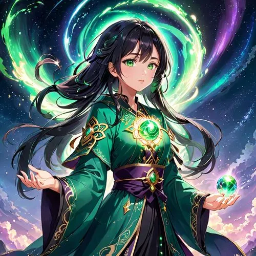 /imagine: mystical asian sorceress, upper body wrapped in flowing iridescent robes like northern lights, glowing green eyes, long black hair cascading like stardust, holding a crystal orb in front, co