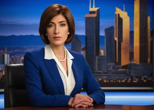 Modern American TV studio, evening news broadcast, wooden desk, leather chair, professional anchorwoman, short brown hair, subtle makeup, business attire, tailored blazer, white blouse, pearl necklace