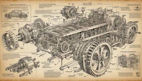 intricate hand drawing of construction plan of automotive industrial machine, on old paper. Unveil a symphony of gears, conveyors, and robotic arms meticulously arranged for maximum efficiency. Adorn 