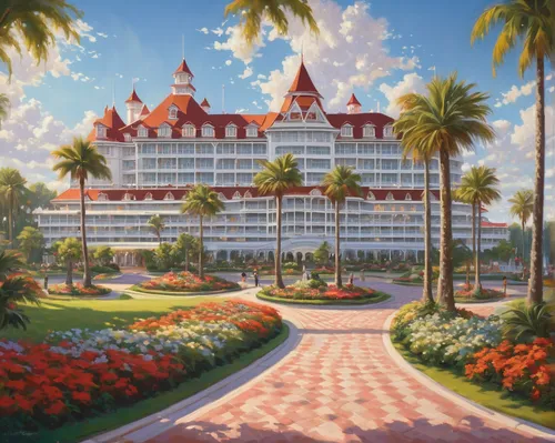 hotel del coronado,grand floridian,gaylord palms hotel,grand hotel,dragon palace hotel,seaside resort,walt disney world,hotel riviera,wild west hotel,florida,many glacier hotel,fairy tale castle,monte carlo,hotel nacional,florida home,resort town,galveston,venetian hotel,the disneyland resort,golf hotel,Art,Classical Oil Painting,Classical Oil Painting 15