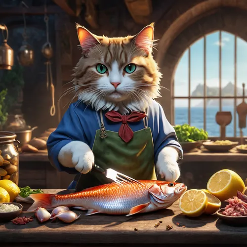 fishmonger,ratatouille,fish-surgeon,sea foods,figaro,chef,saganaki,fresh fish,scampi,caterer,bouillabaisse,oktoberfest cats,napoleon fish,étouffée,shrimp inspector gadget,sea food,fish and chip,seafood,fish fillet,marmalade,Photography,General,Realistic