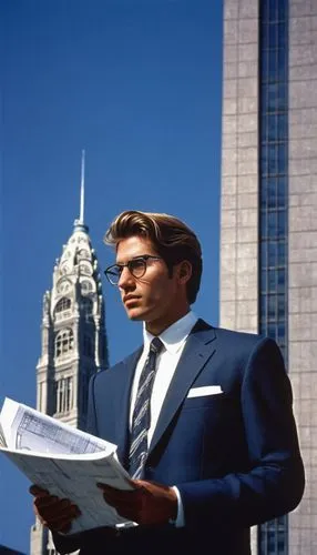 Modern architect, Cincinnati cityscape, urban landscape, sleek glasses, stylish hair, professional attire, suit jacket, white shirt, tie, holding blueprints, standing in front of a skyscraper, city ha