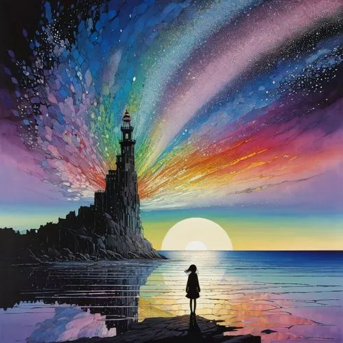 lighthouse,lighthouses,fantasy picture,phare,dream art,maiden's tower,light house,electric lighthouse,silhouette art,dreamscapes,art painting,dreamscape,petit minou lighthouse,guiding light,atlantica,senja,imagination,orthanc,the pillar of light,fairy chimney,Illustration,Japanese style,Japanese Style 14