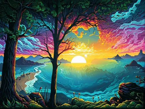 an oil painting of a sunset over the water with trees,landscape background,mountain sunrise,nature background,coastal landscape,paisaje,nature landscape,Illustration,Realistic Fantasy,Realistic Fantas