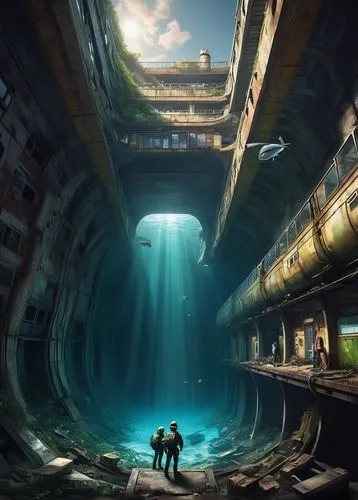 A giant submarine-shaped subway train emerging from underground, creating waves in the city street. Confused passengers with snorkels peek out of the windows. Fish swim alongside cars above ground. Th