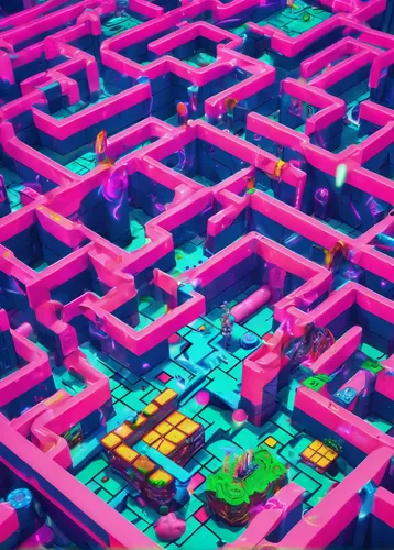 Write a comedic scene where Ludo gets lost in a comically confusing labyrinth filled with silly traps and puzzles.,maze,pink squares,tileable,isometric,pixel cells,cubes,pink city,colorful city,geomet