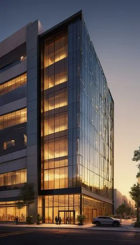 Modern Chandler-inspired office building, grand entrance, glass facade, sleek lines, steel frames, rectangular shape, urban setting, cityscape, evening scene, warm golden lighting, soft shadows, detai