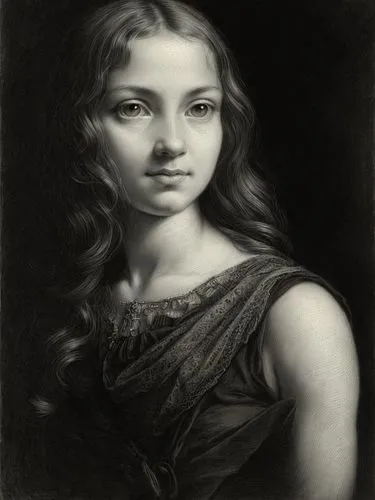 Face freely adapted from Tintoretto.,an old pograph of a girl wearing a dress,gioconda,delatour,portrait of a girl,parmigianino,charcoal drawing,scheffer,Art sketch,Art sketch,Ultra Realistic