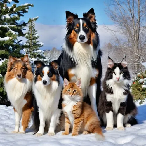 shetland sheepdog tricolour,collies,cat family,snowcats,rough collie,winter animals,shetland sheepdog,siberians,dog shetland sheepdog,malamutes,family portrait,thunderclan,skyclan,harmonious family,extended family,bernese highlands,christmas animals,famille,australian shepherd,samoyeds,Photography,General,Realistic