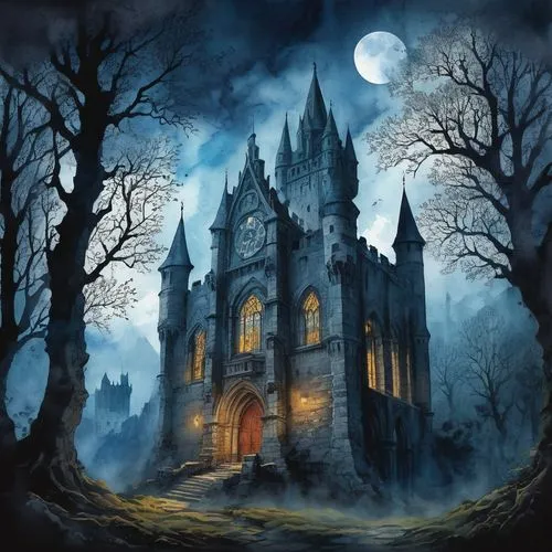 haunted castle,ghost castle,haunted cathedral,ravenloft,witch's house,the haunted house,witch house,haunted house,castle of the corvin,gothic style,gothic,fairy tale castle,hauntings,halloween background,gothic church,fairytale castle,neogothic,bethlen castle,castle,fantasy picture,Illustration,Paper based,Paper Based 25