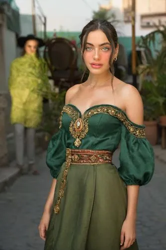 photo-realistic, ultra-realistic face, Israeli outfit, high-details, intricate facial details, plump duck lips, strike a pose,,a woman in green and gold dress and necklace,miss circassian,razaviyeh,ci