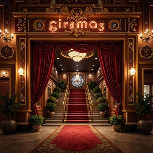 Retro cinema facade, ornate decorations, vintage signage, red carpet entrance, golden accents, luxurious velvet curtains, dimly lit lobby, grand staircase, opulent chandeliers, rich wood paneling, int