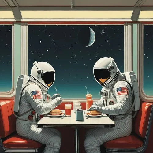 astronauts,retro diner,dinner for two,diner,space art,astronaut,space tourism,dining,astronautics,moon landing,romantic dinner,space voyage,spacefill,cosmonautics day,spacewalks,space travel,apollo program,space walk,astronomers,spacesuit,Illustration,Japanese style,Japanese Style 08