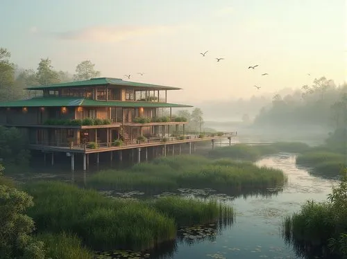 stilt house,stilt houses,floating huts,house by the water,tree house hotel,zumthor,forest house,dunes house,treehouses,amanresorts,wetlands,snohetta,adjaye,wetland,house with lake,inle,anantara,ecotopia,ecoterra,cube stilt houses,Photography,General,Realistic