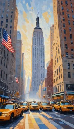 Empire State Building, iconic skyscraper, Art Deco style, geometric patterns, metallic materials, towering height, 102 floors, distinctive antenna spire, Manhattan skyline, urban cityscape, morning mi