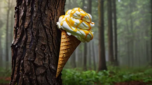 nigth, forest rain, hyperrealist, poor light digital illustration by ryden --s 50, icecream, meld down like  liquid oil paint fluids in the middle of the tree and forms a waffel with soft icecream, ca