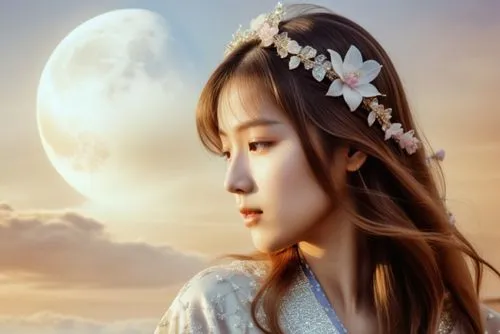 A serene night sky with a full moon at its zenith, a celestial goddess standing gracefully on a cloud. She is adorned in flowing, ethereal robes that shimmer with a silvery glow, reflecting the moonli