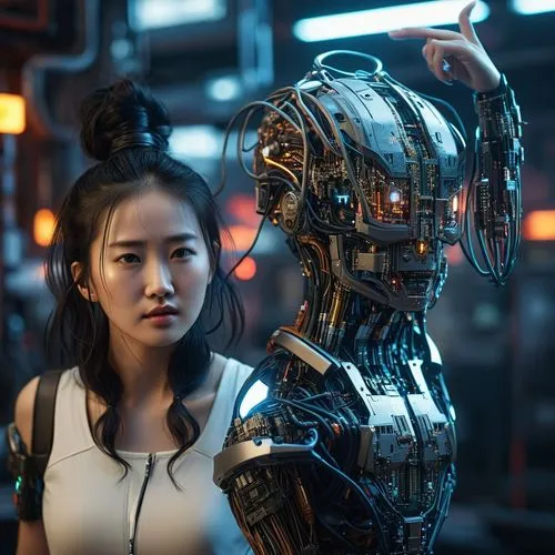 刘亦菲，拎着脑袋,a young woman poses with a robot like figure,chappie,cyberdyne,cyborg,zhu,robotic,cybernetic,cybernetics,robotlike,cybernetically,roboticist,transhuman,deprogrammed,programmed,gantz,reprogram