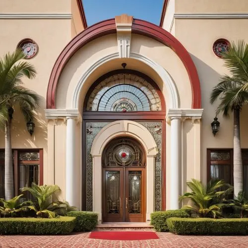 1930s, Art Deco style, luxurious mansion, grand entrance, symmetrical facade, ornate metalwork, geometric patterns, circular windows, cream-colored walls, red-tiled roof, lush greenery, palm trees, vi