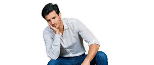 Man, thoughtful expression, solo, (30yo), short black hair, brown eyes, slight beard, white shirt, dark blue jeans, sitting, leaning forward, elbows on knees, hands clasped together, deep in thought, 