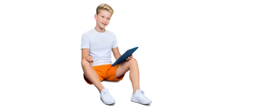 Pixaboy, cartoon boy, blue eyes, spiky blonde hair, smiling face, white shirt, orange shorts, sneakers, sitting on floor, legs crossed, holding tablet, colorful background, soft lighting, 3/4 composit