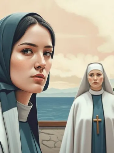 Some European nuns immersed in prayer,a woman with a nun standing next to a man in front of a painting,monjas,nuns,postulants,carmelite order,novitiate,postulant,Illustration,Vector,Vector 03