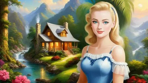 Romantic masterpiece oil painting, beautiful girl portrait, nostalgic 1950's style kitsch, vibrant rainforest, mountaintop cottage landscape, lush tropical jungle paradise, beautiful natural scenery, 