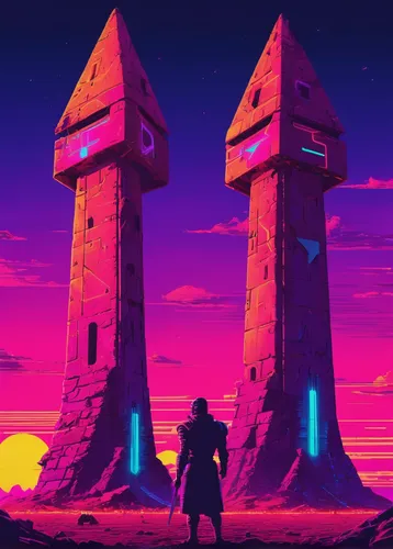 towers,ruin,sentinel,ruins,citadel,monolith,pyramids,game art,monuments,neon arrows,80's design,moai,would a background,beacon,futuristic landscape,easter island,pillars,game illustration,2d,russian pyramid,Conceptual Art,Sci-Fi,Sci-Fi 27