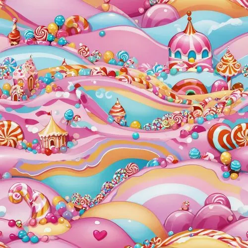 seamless candy land scenic background,an illustration of colorful candy land with buildings,candyland,candy pattern,cupcake background,candy crush,sugar candy,mermaid scales background,Illustration,Ab