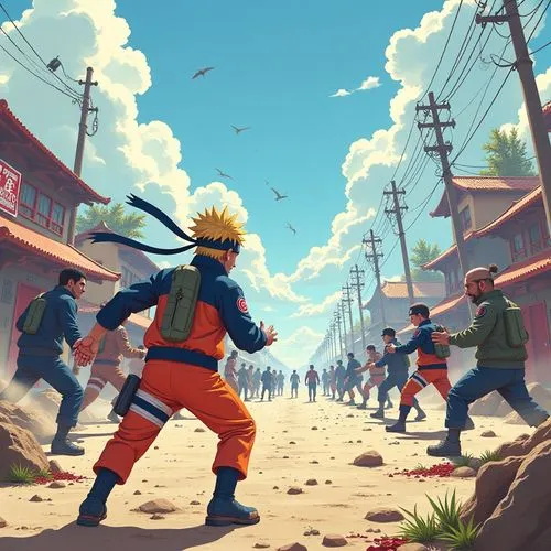 naruto characters fighting a massive battle, 16k image, facing enemy, day time ,the cartoon characters have to fight against each other in front of their respective neighborhood,naruto,boruto,minato,m