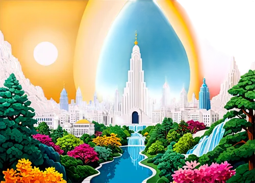 fantasy city,basil's cathedral,art deco background,futuristic landscape,fantasy world,rainbow bridge,fairy world,fairyland,bifrost,colorful city,rivendell,fantasy landscape,landscape background,fantasy picture,ecotopia,citadels,aurora village,gondolin,megapolis,cartoon video game background,Unique,Paper Cuts,Paper Cuts 07