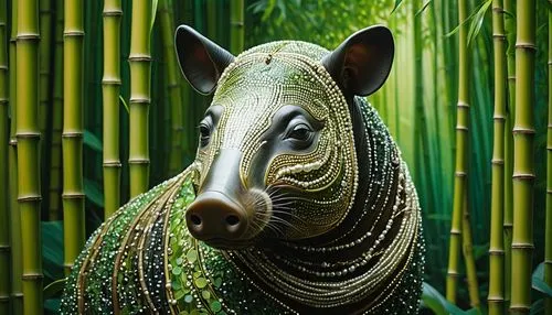 tiffany glass art portrait of tapir in bamboo forest, gold green white and pearls,some kind of animal in front of bamboo stalks,babirusa,indian rhinoceros,tamandua,png sculpture,straw animal,tapir,gar