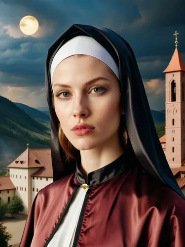 Hildegard, the day before her consecration as a nun in the idyllic monastery of Bingen, with a thoughtful look on her face as she prepares for the next step on her spiritual path.,a nun in red wearing