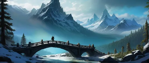 dragon bridge,snow bridge,fantasy landscape,hangman's bridge,scenic bridge,northrend,winter landscape,snow landscape,landscape background,winter background,devil's bridge,snowy landscape,snowy mountains,angel bridge,snowy peaks,mountain landscape,fantasy picture,arch bridge,snow mountains,tied-arch bridge,Illustration,Paper based,Paper Based 07