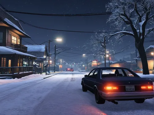 midnight snow,night snow,snow scene,snowfall,snowy,snow cone,christmas retro car,christmas snow,croft,christmas snowy background,snowcone,snowing,screenshot,snow cherry,night scene,retro christmas,winter background,winter wonderland,retro chevrolet with christmas tree,street lights,Conceptual Art,Fantasy,Fantasy 03