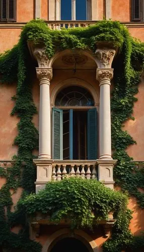 Italianate style architecture, grand villa, Renaissance-inspired, ornate stone carvings, arched windows, symmetrical facade, terra cotta roofing, ivy-covered walls, lush greenery, Tuscan countryside, 