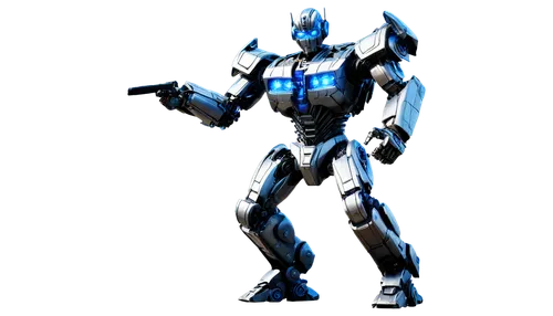 Transformer robot, metallic body, glowing blue eyes, detailed mechanical limbs, energized sparks, smoke effects, cityscape background, dynamic pose, heroic stance, warm lighting, cinematic composition