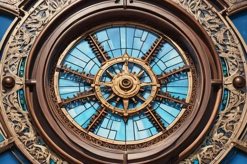 round window,clock face,art nouveau frame,ship's wheel,grandfather clock,astronomical clock,art nouveau frames,transom,old clock,circular ornament,tower clock,paradorn,church window,ornate,dome roof,ornamentation,round frame,clock,astrolabe,emporium,Conceptual Art,Fantasy,Fantasy 25