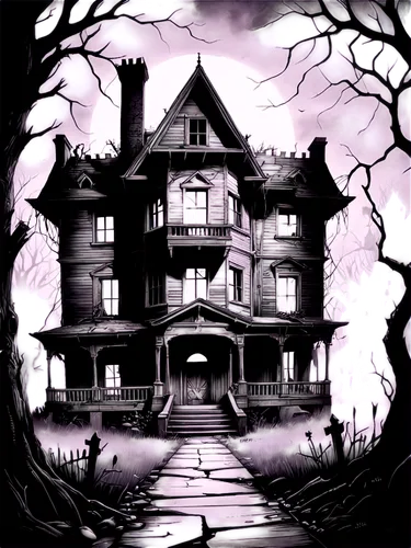 the haunted house,haunted house,witch's house,witch house,creepy house,house silhouette,haunted castle,haddonfield,ghost castle,hauntings,apartment house,haunted,halloween illustration,haunts,victorian house,haunt,halloween poster,house drawing,old home,two story house,Illustration,Black and White,Black and White 30