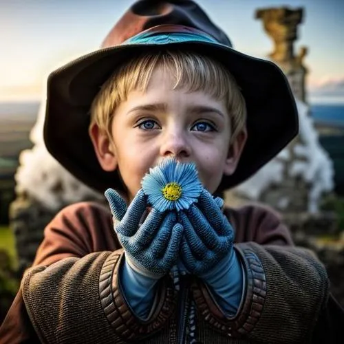 gavroche,holding flowers,lubezki,pilgrim,blue flower,blue bonnet,Realistic,Landscapes,Medieval