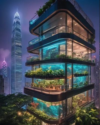 Modern Hong Kong architectural style, sleek skyscraper, futuristic building design, glass and steel structure, LED lights illuminating the exterior, rooftop garden with tropical plants, intricate city