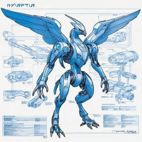 cybernetic pokemon looking like bird of prey with huge title stating "Harpitur",rahxephon,typhon,gryphon,asopus,topspin,cocytus,caeruleus,serphin,predacon,hippogriff,bluefire,psygnosis,tyto,synthroid,