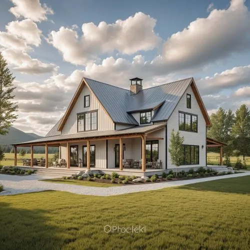 a modern farmhouse house in the middle of green grass,new england style house,3d rendering,hovnanian,beautiful home,modern house,homebuilding,Photography,General,Realistic