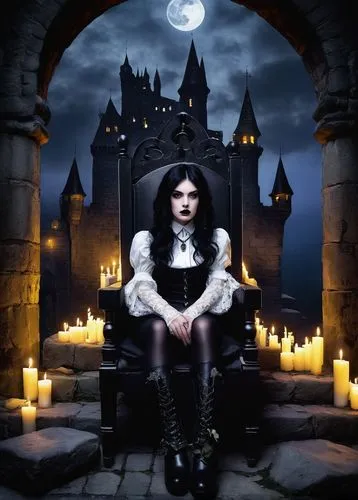 gothic woman,gothic portrait,gothic style,gothic,queen of the night,hecate,malefic,dark gothic mood,isoline,ghostley,black queen,darkling,fantasy picture,nightwish,behenna,idina,throne,catelyn,selene,fairy tale character,Illustration,American Style,American Style 08